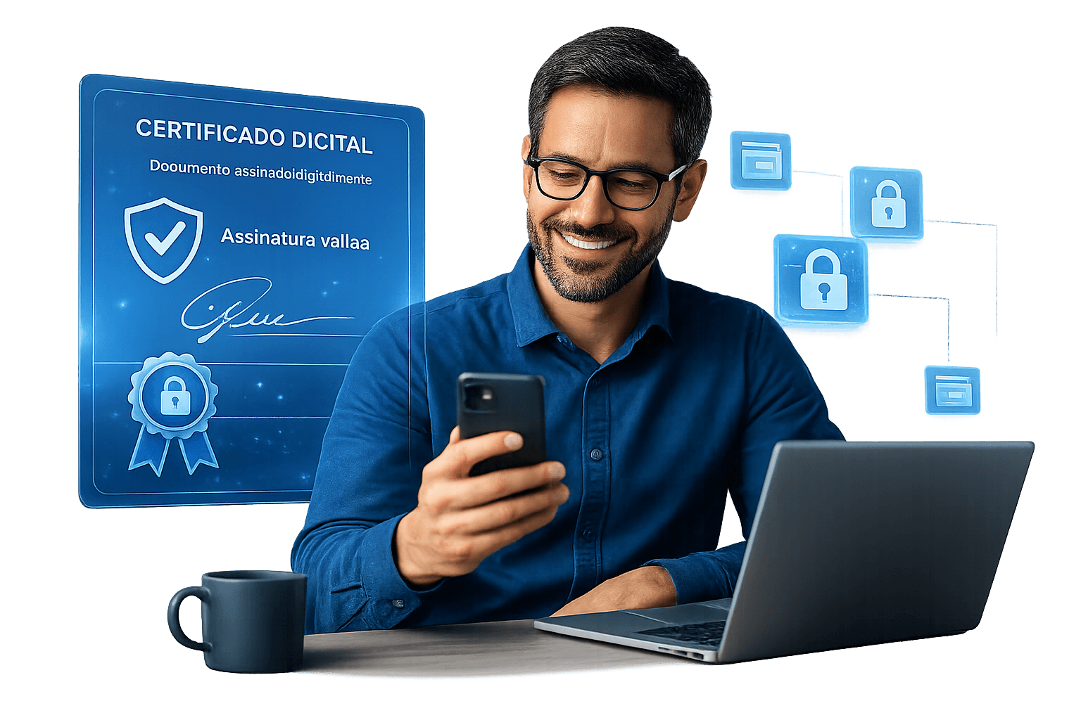 Profissional emitindo certificado digital pelo celular com laptop ao lado